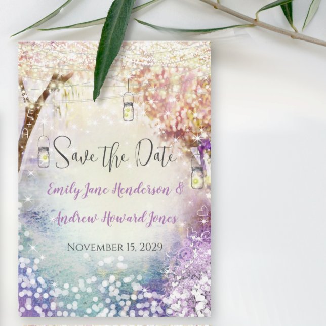 Pink Lila Blue Fairy Lights Boho Forest Wedding Save The Date (Von Creator hochgeladen)