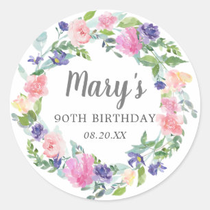 Pink Lila Blue Floral 90. Geburtstag Runder Aufkleber