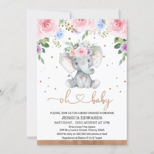 Pink Lila Blue Floral Elephant Baby Dusche Einladung