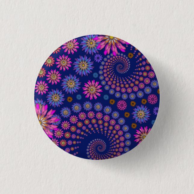 Pink Lila Blue Floral Pattern auf Blue Button (Vorderseite)
