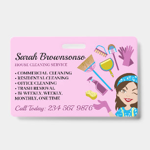 Pink Lila Blue Janitorial Cartoon Haus Reinigung Ausweis