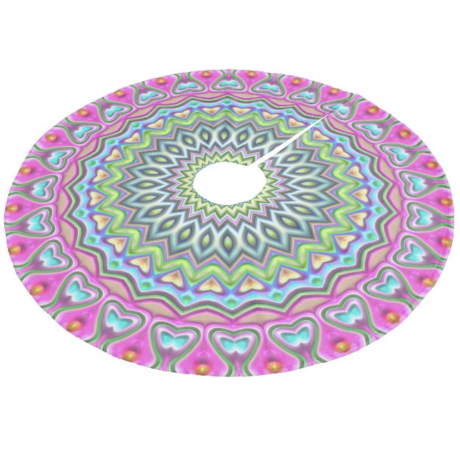 Pink Lila Blue Lime Green Mandala Star Pattern Fleece Weihnachtsbaumdecke (Schrägansicht)