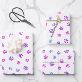Pink Lila Blue Paw Prints Muster Geschenkpapier Set