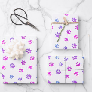 Pink Lila Blue Paw Prints Muster Geschenkpapier Set
