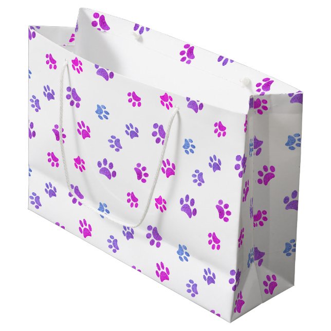 Pink Lila Blue Paw Prints Muster Große Geschenktüte (Vorderseite Schrägansicht)