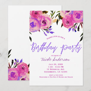 Pink & Lila Bright Modern Floral Geburtstagsparty Einladung