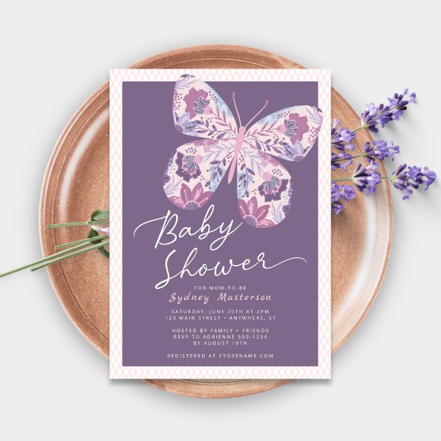 Pink Lila Butterfly Baby Dusche Einladung (Shown on a 5" x 7" card)