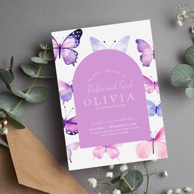 Pink Lila Butterfly Girl 1. Geburtstag Party Einladung (Von Creator hochgeladen)