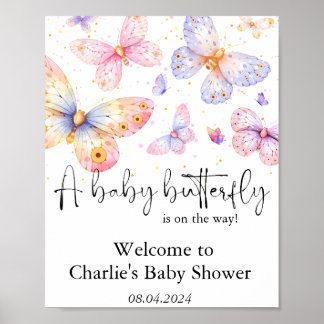 Pink Lila Butterfly Girl Babydusche Poster