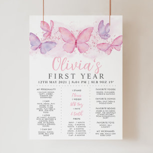 Pink Lila Butterfly Girls 1. Geburtstag Meilenstei Poster