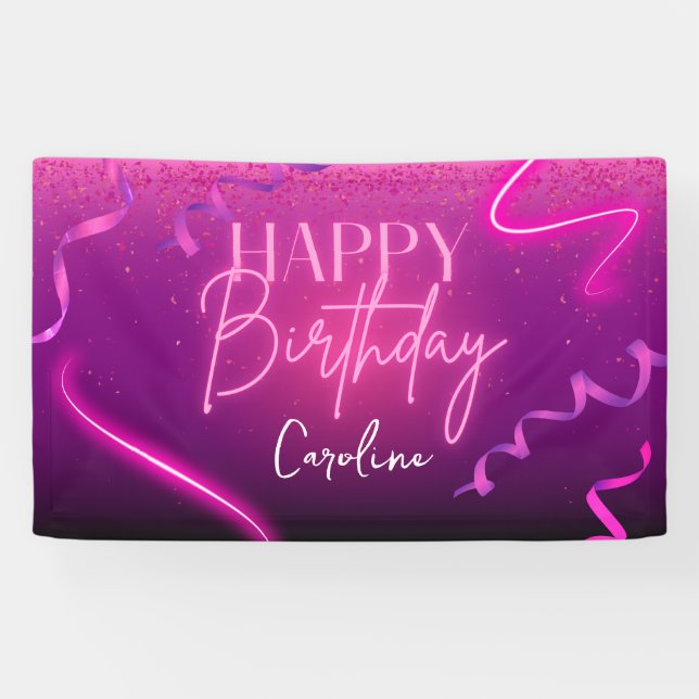 Pink Lila Confetti Neon Lights Happy Birthday Banner (Horizontal)