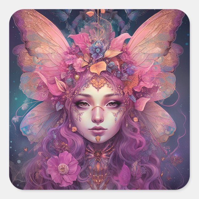 Pink Lila Fairy Queen Fantasy Art Quadratischer Aufkleber (Vorderseite)
