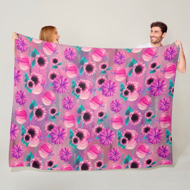 PINK & LILA FALL PUMPKINS & AQUA SONNENBLUMEN FLEECEDECKE (Beispiel)