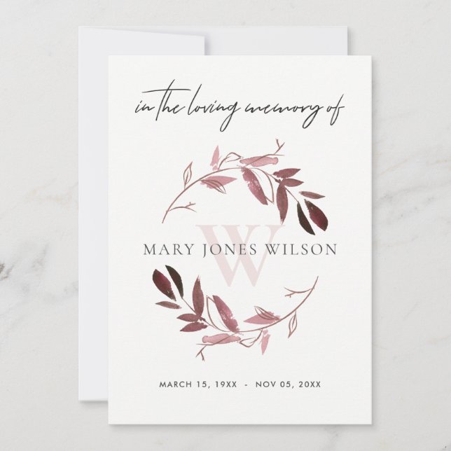 PINK LILA FAUNA BEILEID MEMORIVICE EINLADEN DANKESKARTE (Vorderseite)