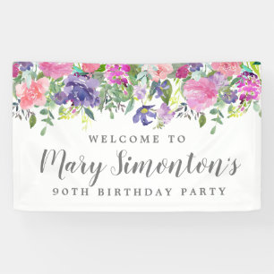 Pink Lila Floral 90. Geburtstagsparty Willkommen Banner