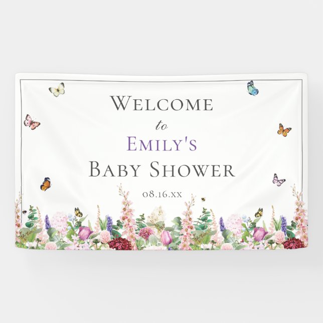 Pink Lila Floral & Butterfly Babydusche Banner (Horizontal)