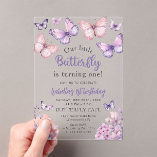 Pink Lila Floral Butterfly Girl 1. Geburtstag Acryleinladungen