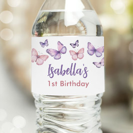 Pink Lila Floral Butterfly Girl 1. Geburtstag Wasserflaschenetikett