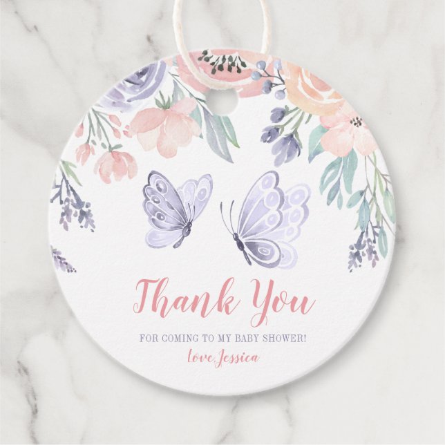 Pink Lila Floral Butterfly Girl Babydusche Geschenkanhänger (Vorderseite)