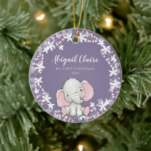 Pink Lila Floral Elephant Girl 1. Weihnachten Keramik Ornament
