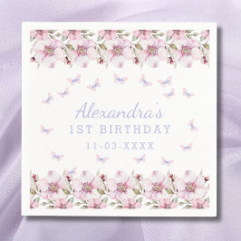 Pink Lila Floral Girl Butterfly 1 Geburtstag Serviette