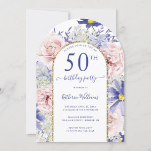 Pink Lila Floral Gold Arch 50. Geburtstagsparty Einladung