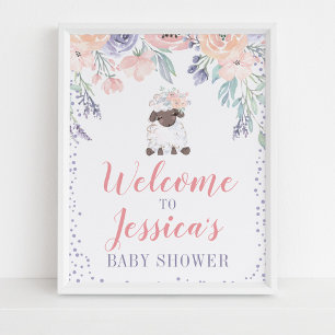 Pink Lila floral Lamm Babydusche Begrüßungszeichen Poster