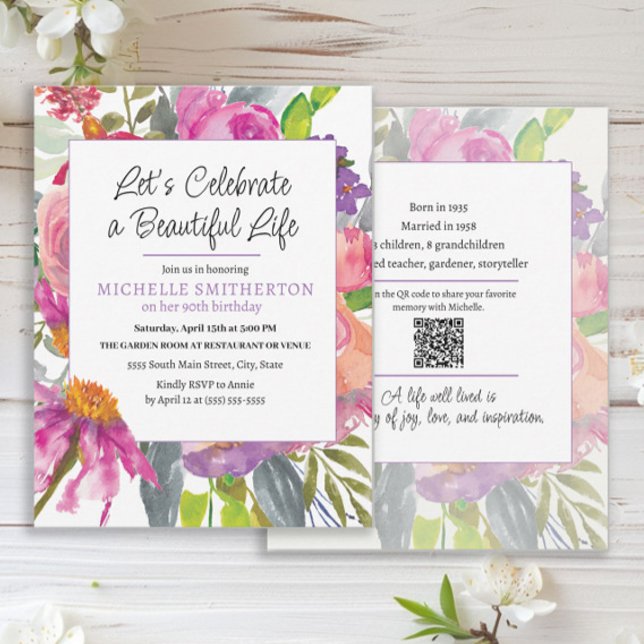 Pink Lila Floral QR Code 90. Geburtstag Einladung (Pink and purple watercolor floral 2-sided QR code 90th birthday party invitation)