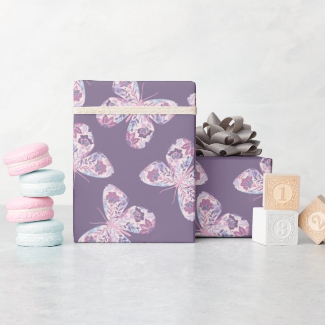 Pink-Lila Floral-Schmetterling-Muster Geschenkpapier (Babyparty)