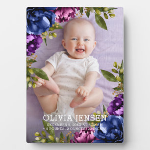Pink Lila Floral Watercolor BabyGeburtsstatistiken Fotoplatte