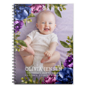 Pink Lila Floral Watercolor BabyGeburtsstatistiken Notizblock