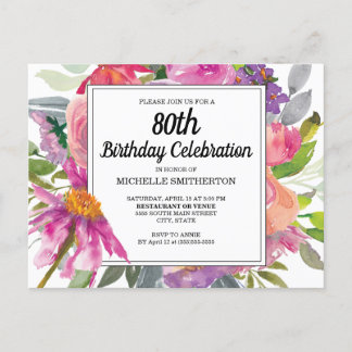 Pink Lila Floral Women's 80. Geburtstag Einladungspostkarte