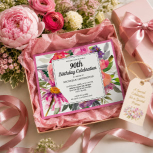 Pink Lila Floral Women's 90. Geburtstag Einladung