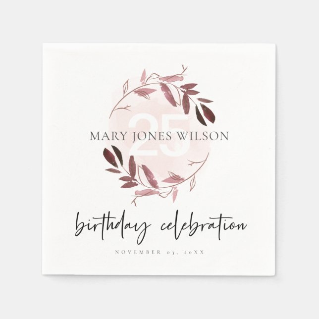 PINK LILA FOLIAGE WREATH ALTER 25. BIRTHTAG SERVIETTE (Vorderseite)