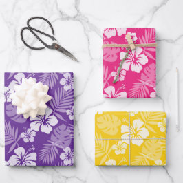 PINK LILA GELBEN TROPISCHEN HIBISKUS BLUME GESCHENKPAPIER SET