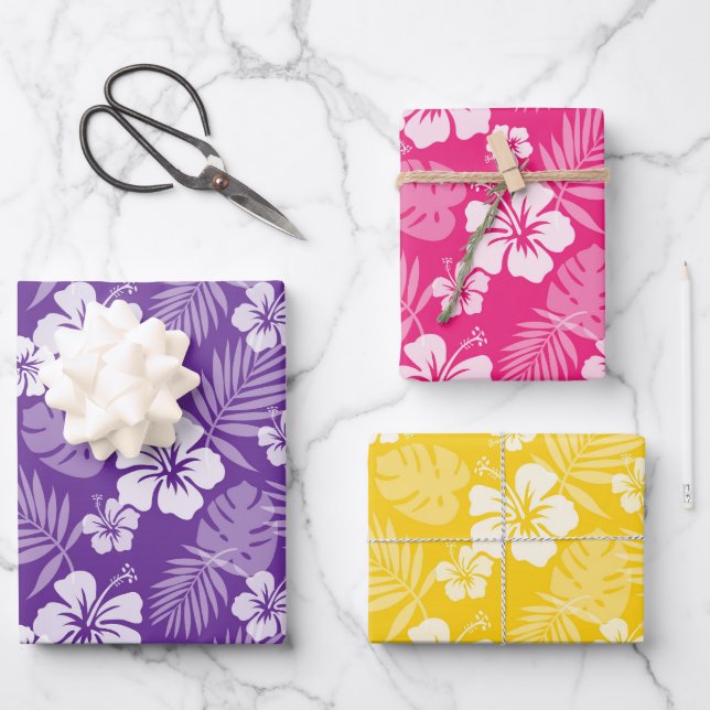 PINK LILA GELBEN TROPISCHEN HIBISKUS BLUME GESCHENKPAPIER SET (Vorderseite)