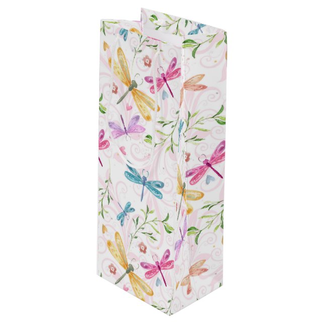 PINK LILA GELBLAUER WATERCOLOR DRAGONFLIS GESCHENKTÜTE FÜR WEINFLASCHEN (Vorderseite Schrägansicht)