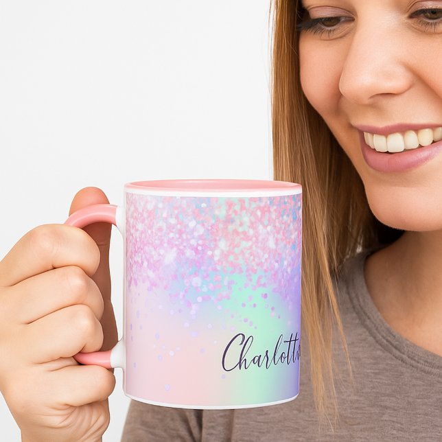 Pink lila Glitzer staubholografisches Namensschild Tasse (Von Creator hochgeladen)