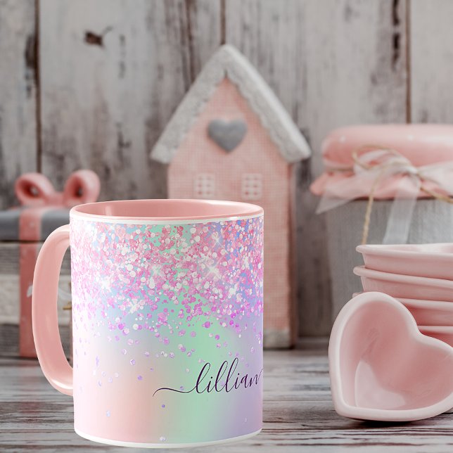 Pink lila Glitzer staubholografisches Namensskript Tasse (Von Creator hochgeladen)