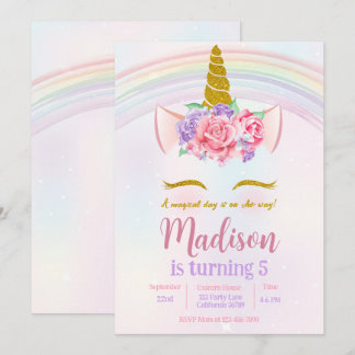 Pink Lila Gold Blumen Regenbogen Einhorn Party  Einladung