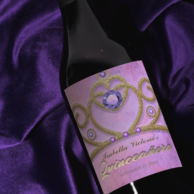 Pink Lila Gold Gitter Jeweled Tiara Quinceañera Weinetikett (Von Creator hochgeladen)