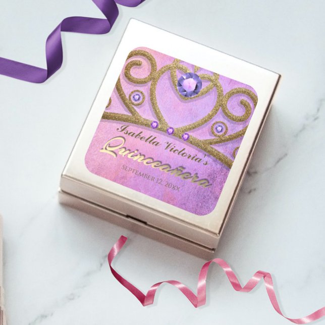 Pink Lila Gold Glitzer Jeweled Tiara Quinceañera Quadratischer Aufkleber (Von Creator hochgeladen)