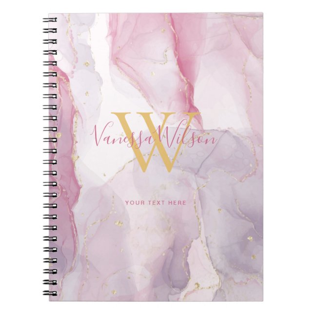 Pink Lila Gold Vene Watercolor Monogram Script Notizblock (Vorderseite)