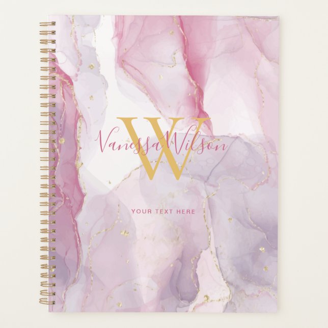 Pink Lila Gold Watercolor Monogram Script Planer (Vorderseite)