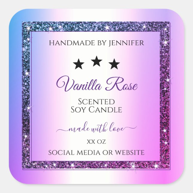 Pink Lila Gradient Glitzer Spark Produktkennzeichn Quadratischer Aufkleber (Vorderseite)