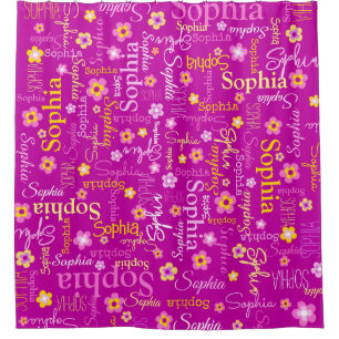 Pink lila grafische Blume Textname personalisieren Duschvorhang
