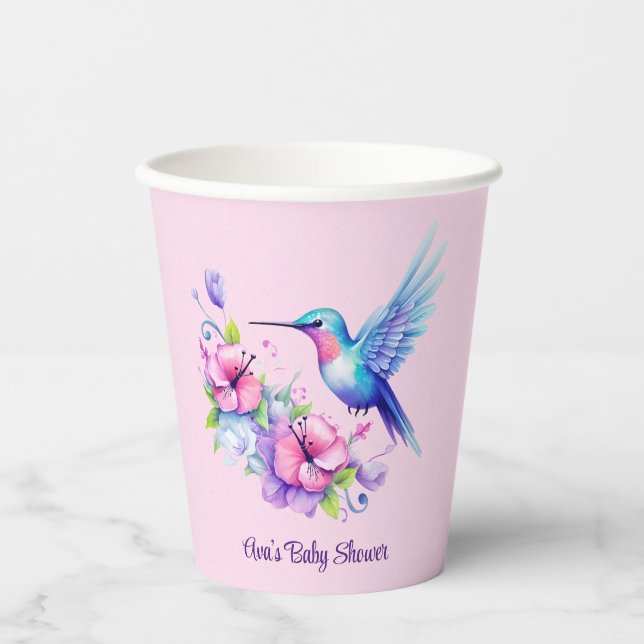 Pink & Lila Hummingbird Floral Girl Babydusche Pappbecher (Vorderseite)