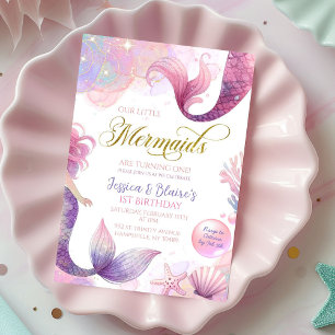 Pink Lila Kleine zwei Mermaids Twins Geburtstag Einladung