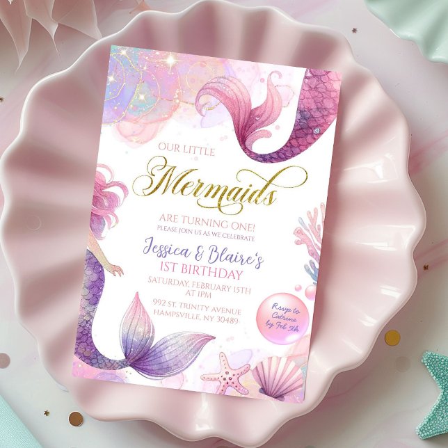 Pink Lila Kleine zwei Mermaids Twins Geburtstag Einladung (Von Creator hochgeladen)