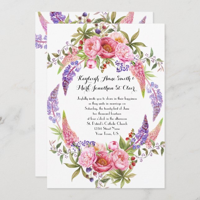 Pink Lila Lupines Peonies Wasserfarbenhochzeiten Einladung (Vorne/Hinten)